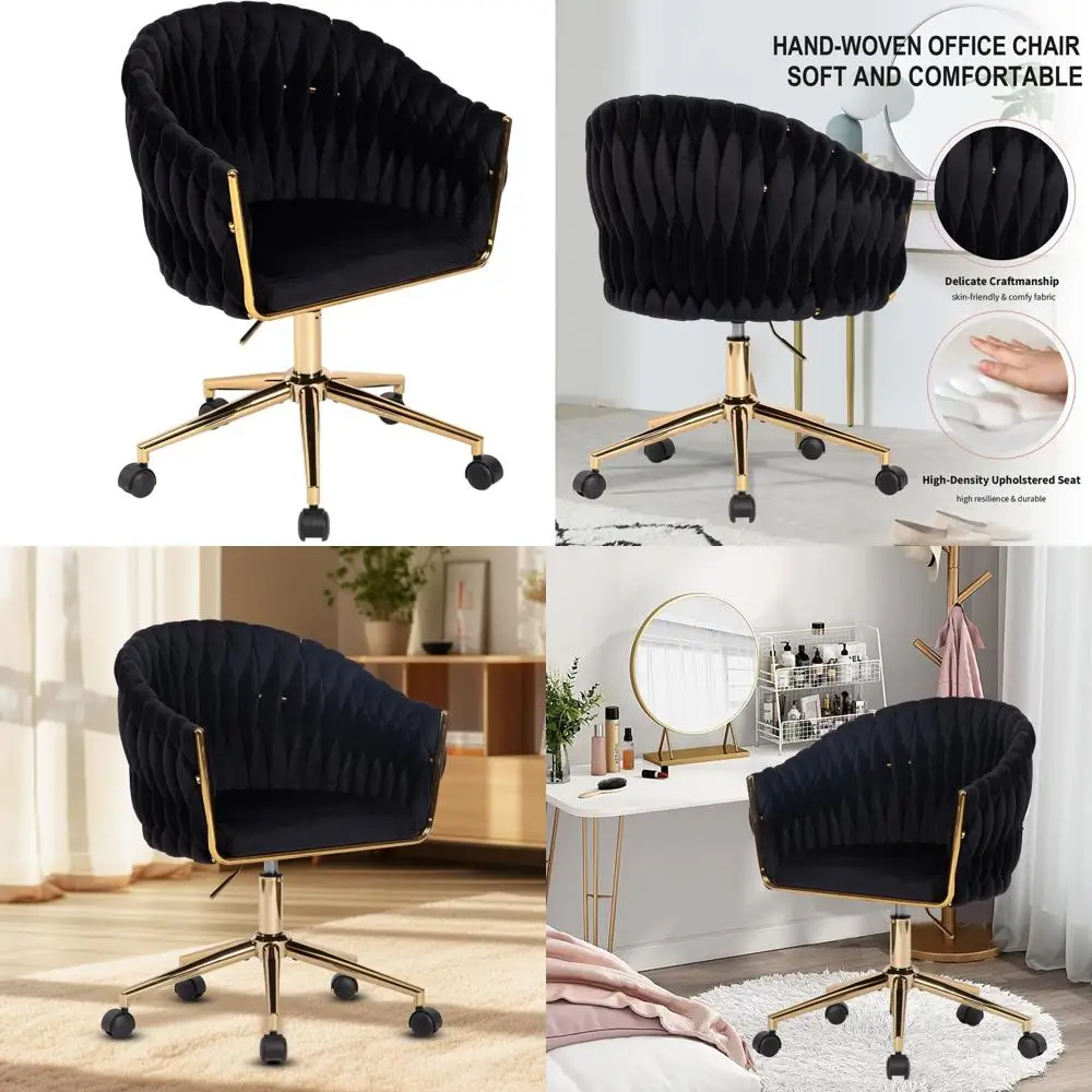 

Офисное кресло из вельвета ручной работы, 360 ° Поворотное кресло-туалетное кресло черного цвета на колесиках, акцентное кресло для макияжа/спальни для гостиной