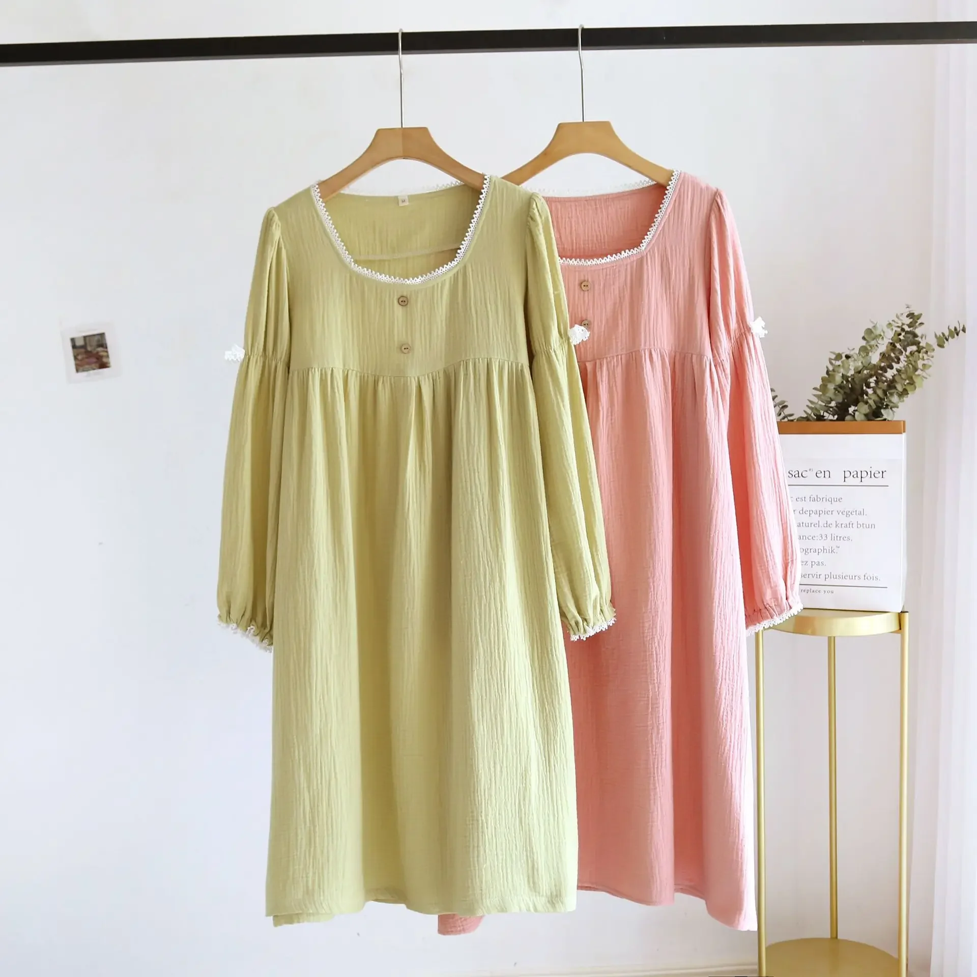 Spring/Summer Women's Cotton Long Sleeved Sleeping Dress Simple Double Layer Gauze Crepe Solid Color Square Neck Lace Nightgowns