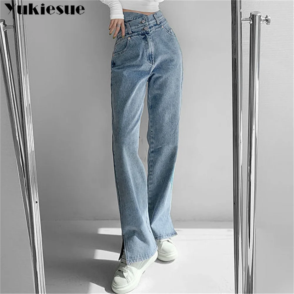 Frühling 2022 mode frauen hohe taille frauen Breite bein jeans baggy frau denim capris gerade Hosen jean mom jeans hosen