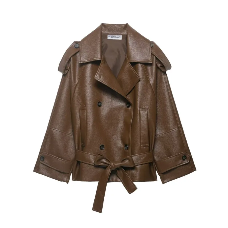 

Women's Short Faux Leather Trench Coat Spring Casual Simple Lapel Collar Double-Breasted Women Bomber Jacket Female Chic Tops
