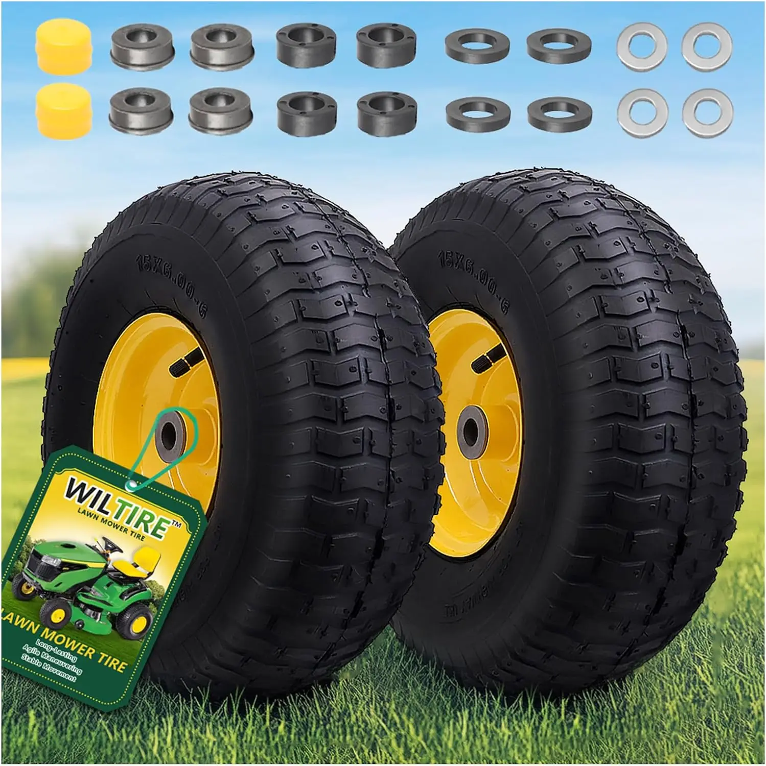 

15x6.00-6 Tire and Wheel Assembly (2 Pack) for Riding Lawn Mowers - Adjustable Hub with Spacers, 400 lbs Load