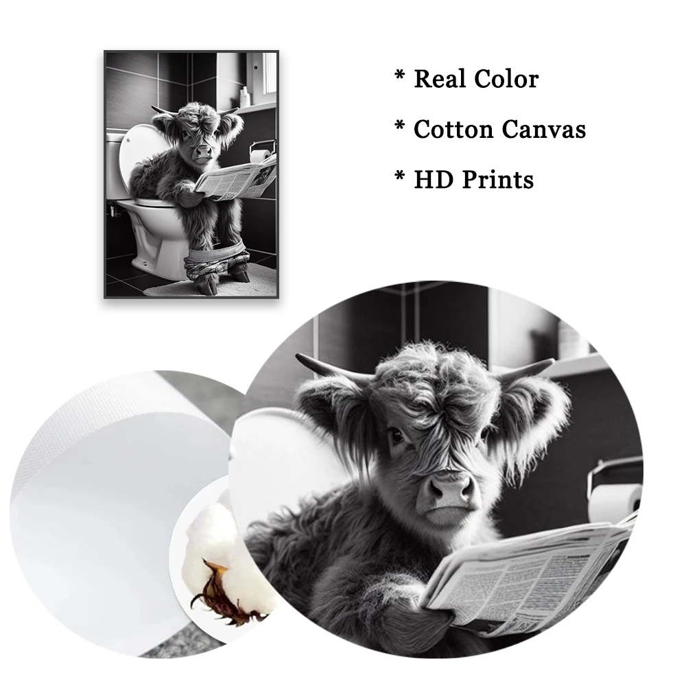 Funny Home Bathroom Black And White Art Poster Highland Cow Sitting On The Toilet Reading Newspaper Print Canvas Painting Decor