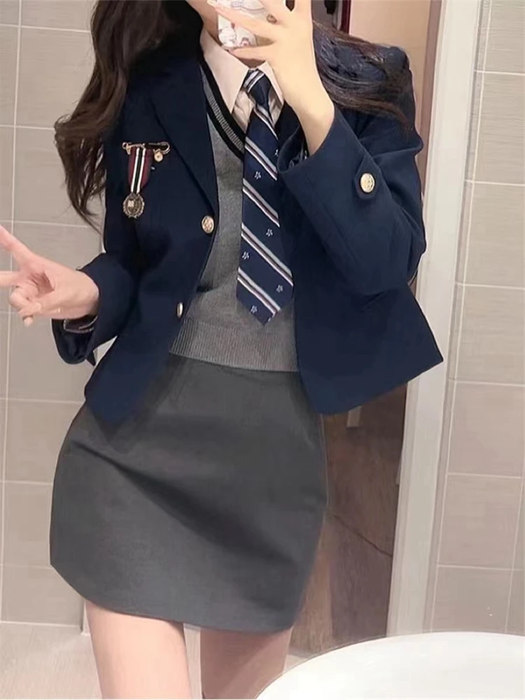 Korean Style College Uniform Skirt Set Women's Jk Outfit Triple Piece Bundle Butt Hugger School Uniform Fashionable Lead Actr...