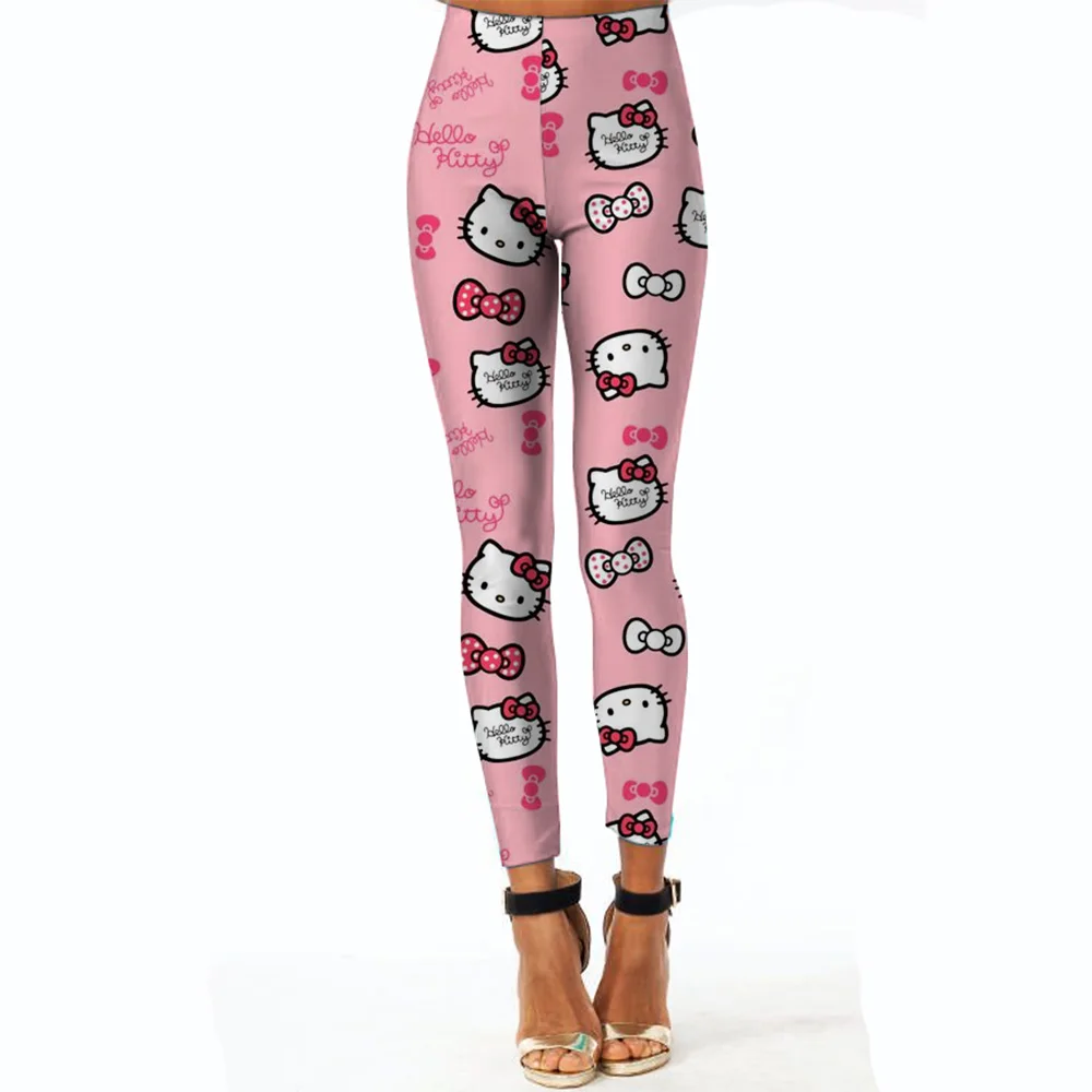 Legginsy do jogi z nadrukiem Hello Kitty, damskie legginsy fitness, spodnie do biegania i jazdy na rowerze, oddychające legginsy sportowe, legginsy treningowe z wysokim stanem
