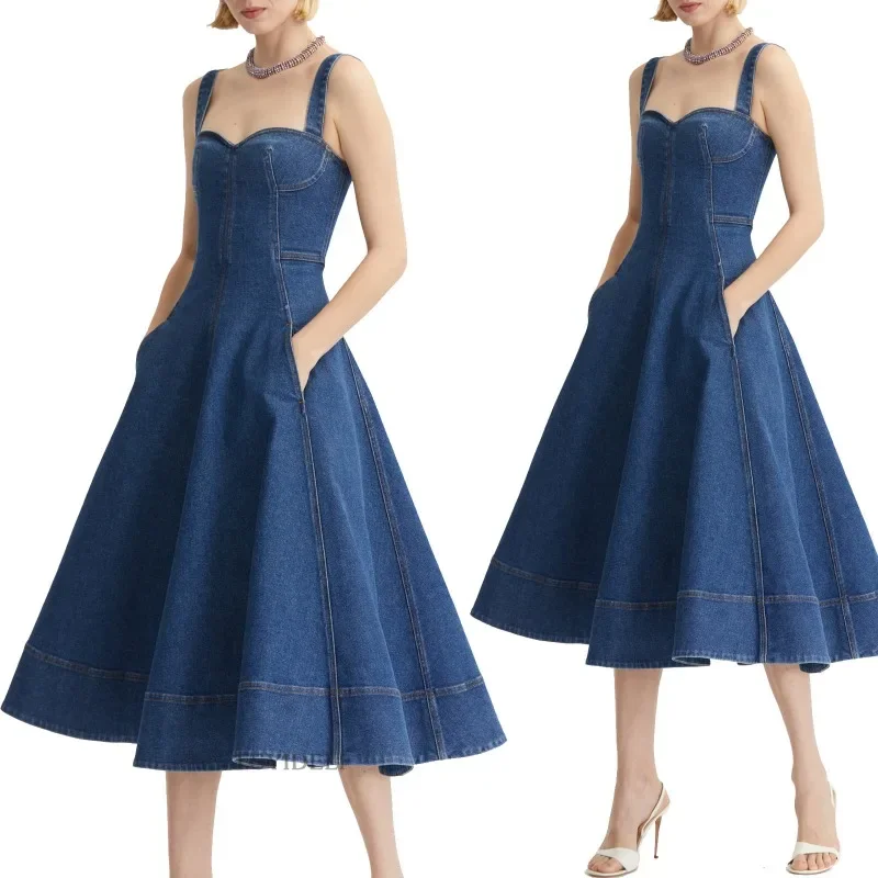 Suspender Dress for Summer New Backless Sexy Retro Denim Long Skirt