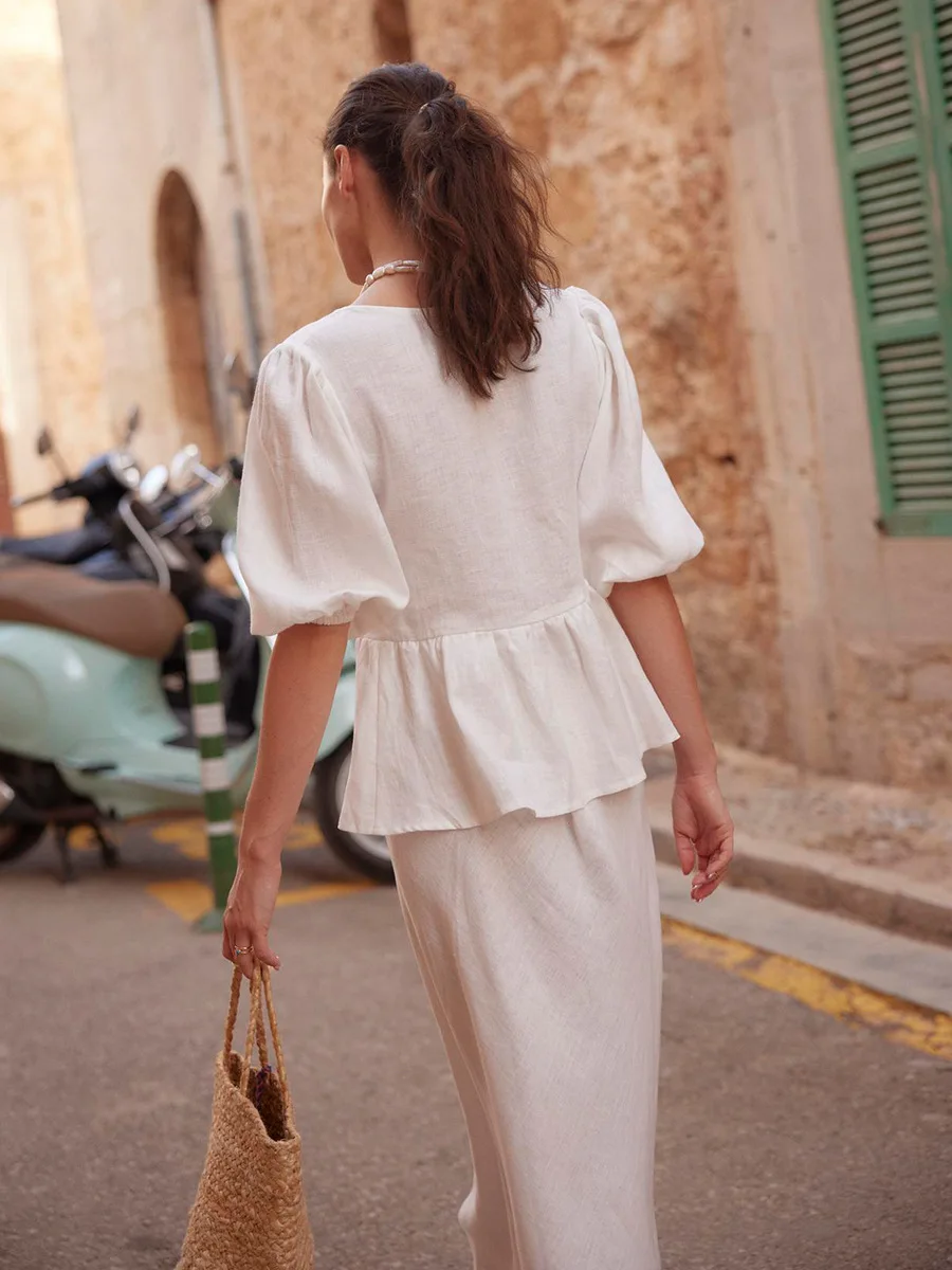 Women's Cotton V-Neck Lace-Up Top and Maxi Skirt Set