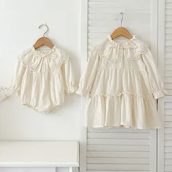 Girls' dress lapel lace baby girls' jumpsuit romper dress fashionable long sleeve princess dress Korean style sisters outfit