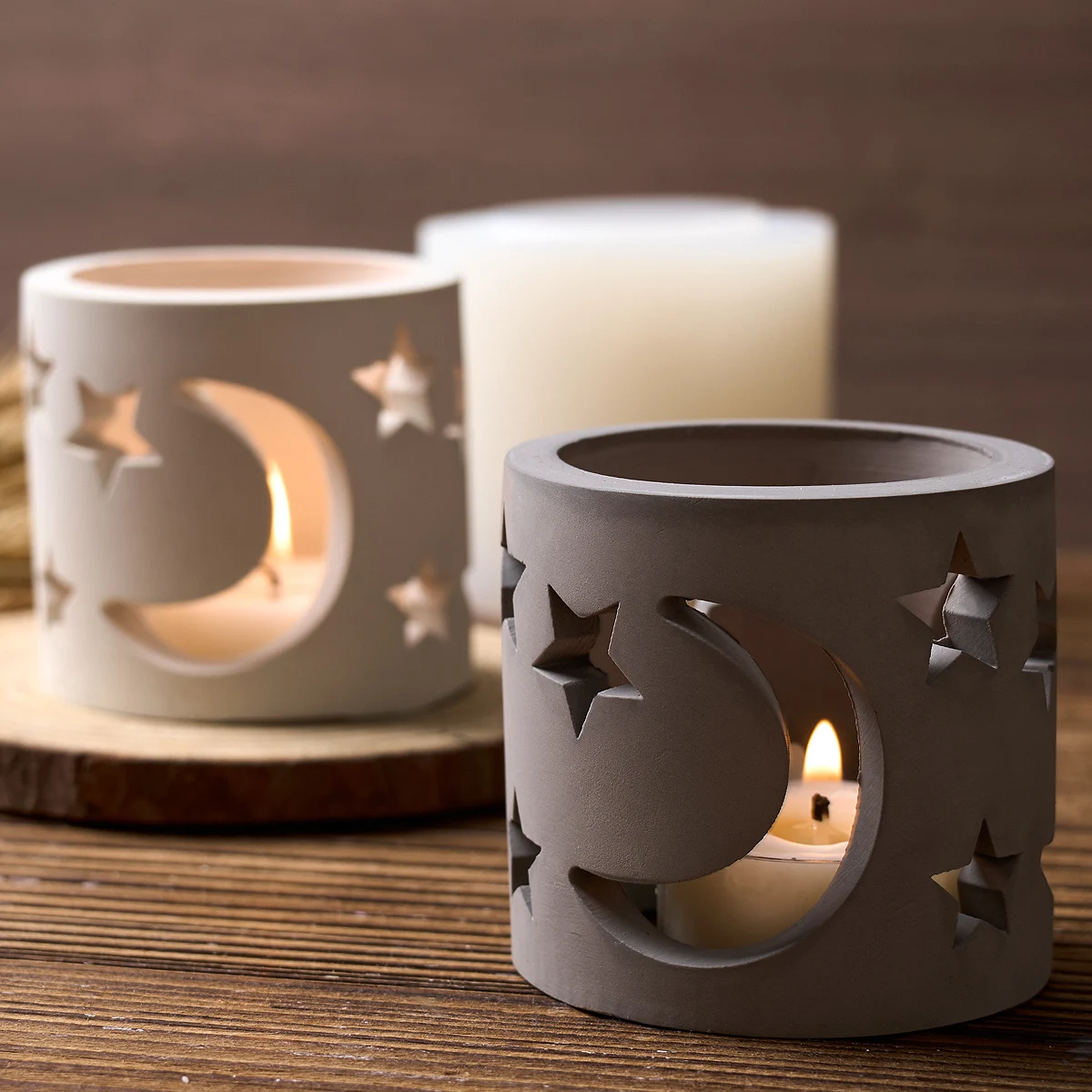 Moule en silicone pour bougeoir, forme ronde, étoile creuse, lune, gypse, béton, créatif, ci-après, porte-thé, avertir, décoration d'intérieur, bricolage