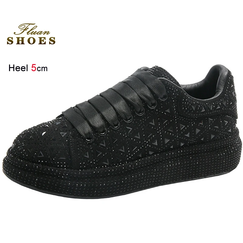

2025 Fashion Black Women's Sneakers Rhinestone Round Toe Ladies's Shoes Platform 5cm Lace Up Shoes Casual Flats Shoes Size 35-40
