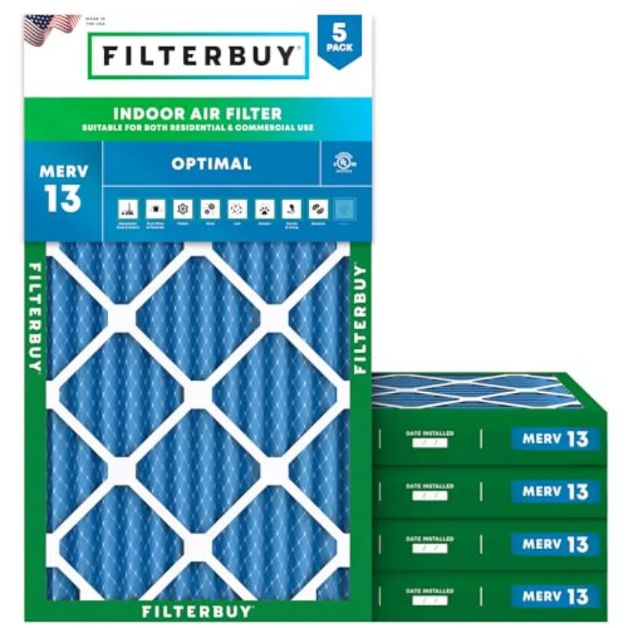 

12x24x2 Air Filter MERV 13 Optimal Smoke and Allergy Defense 5-Pack Electrostatic Pleated HVAC AC Furnace Filters Replacement M