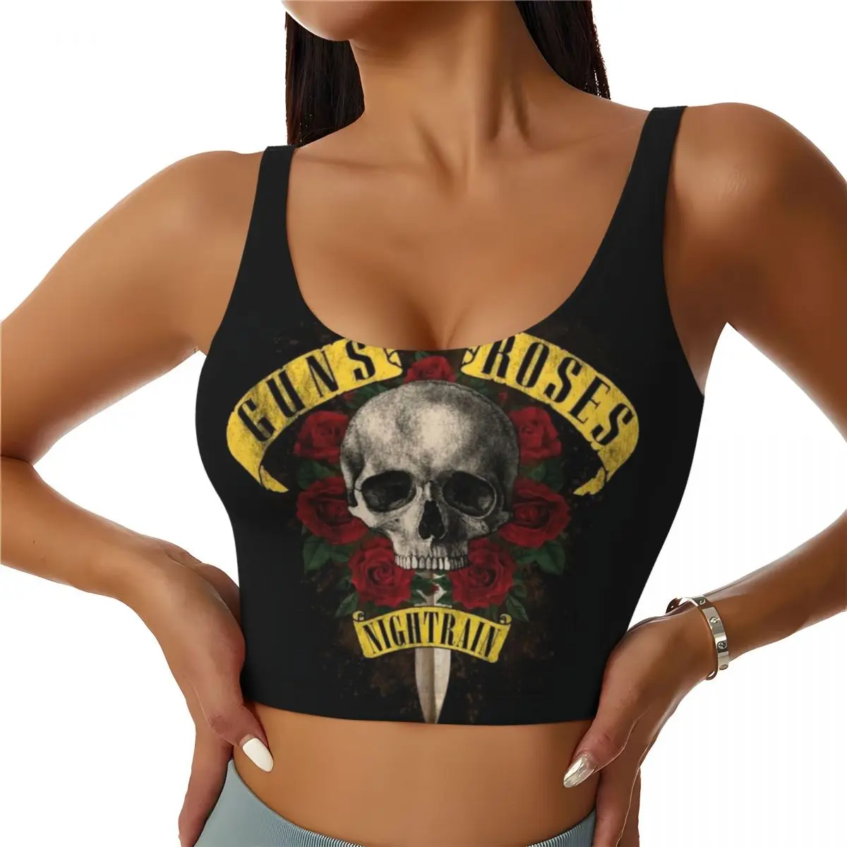 

Custom Guns N Rose Skull Heads Band High Impact Sports Bras for Women Seamless Workout Running Crop Tank Tops