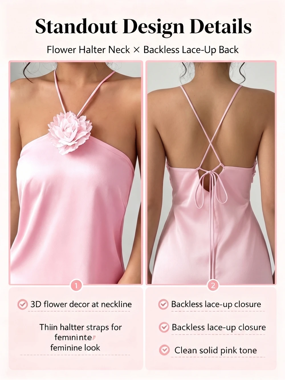 Damen 3D-Blumen Neckholder Rückenfreies Satin-Maxikleid Elegantes Rosa Slip-Kleid Langes Kleid für Hochzeitsgäste Abendparty Urlaub Midi-Kleid – Detail 4