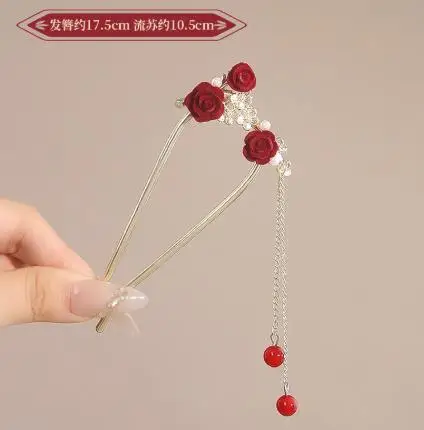 Re Flower Hairpins New Chinese Hanfu Hair Accessories Rose Floral Tassel Metal Hair Stick Cintage Wedding Bridal Hair Clasp Gift image 4