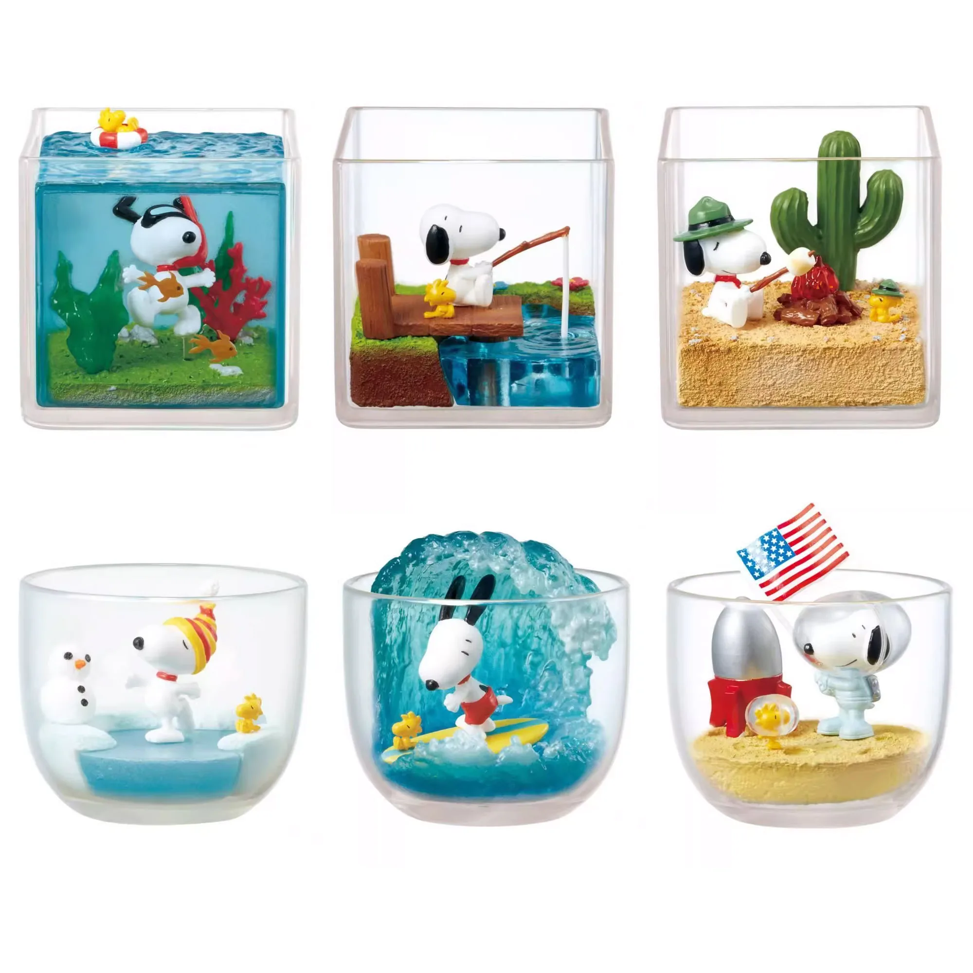 Figurki Snoopy Woodstock Happy Time w Terrarium, Ryby, Surfing, Snorkeling, Łyżwiarstwo Figurowe, Kemping, Scena, Blind Box, Kolekcja Zabawek