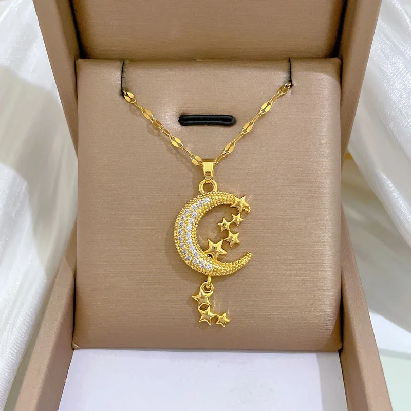 XIYANIKE 316L Stainless Steel Zircon Moon Star Tassels Pendant Necklace For Women Niche Temperament Clavicle Chain Party Gifts