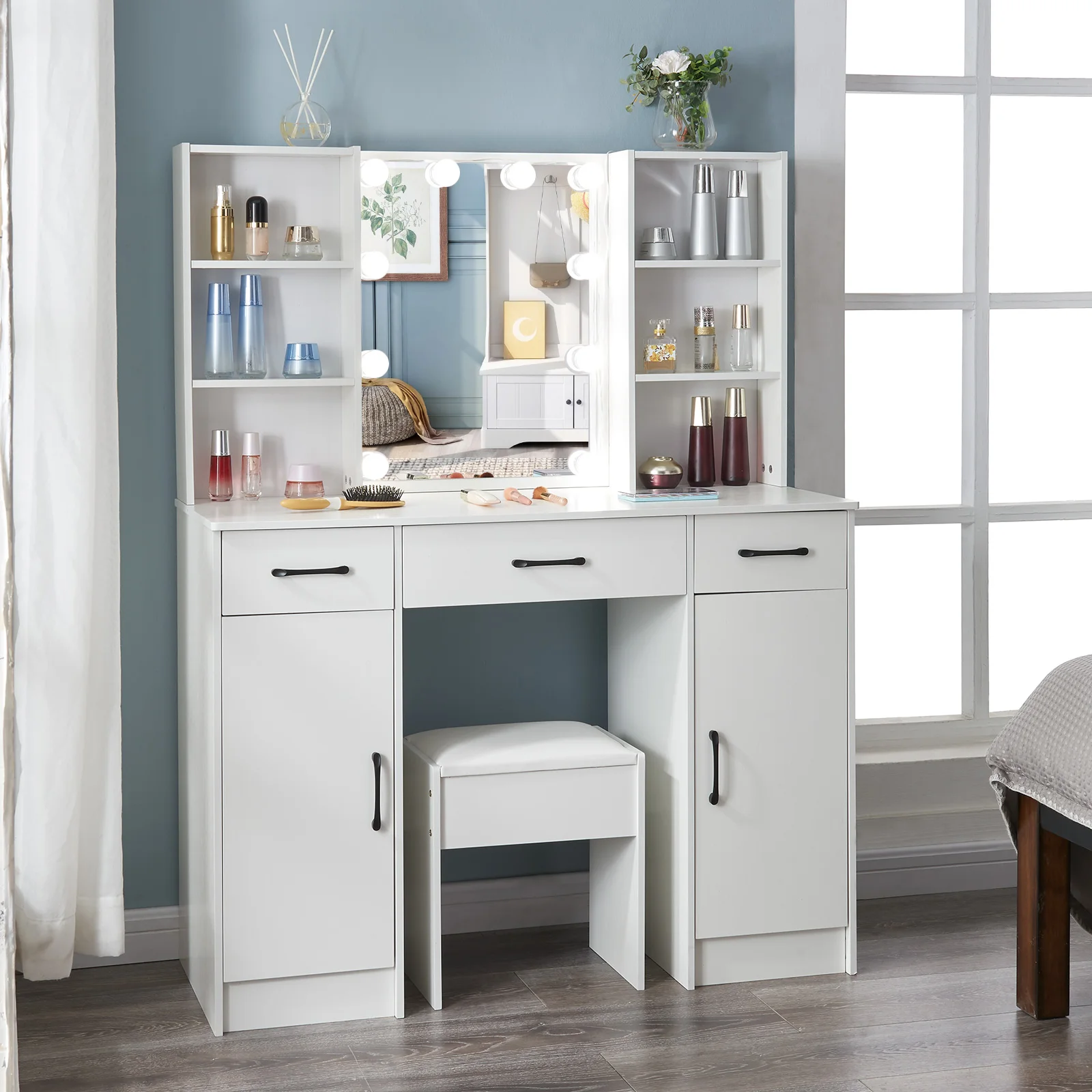 مكتب مكياج فانيتي مع مرآة هوليوود، طاولة تزيين بـ 10 لمبات LED مع مقعد #3