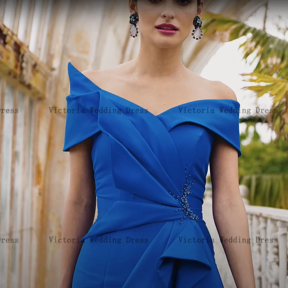 Elegante azul royal mãe dos vestidos de noiva, fora do ombro, vestidos de festa de casamento, vestido sereia frisado até o chão