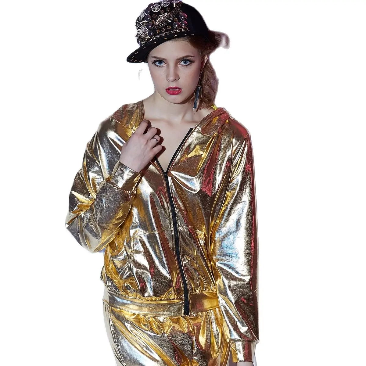 

Gold Bomber Jacket for Women, Stage Performance Wear, Hip Hop Dance Coat, Spring and Autumn