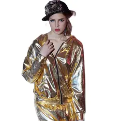 Gold Bomber Jacket for Women, Stage Performance Wear, Hip Hop Dance Coat, Spring and Autumn