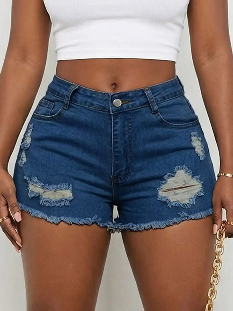 Womens Stretch Ripped Frayed Denim Shorts Mid Waist Slim Fit Streetwear