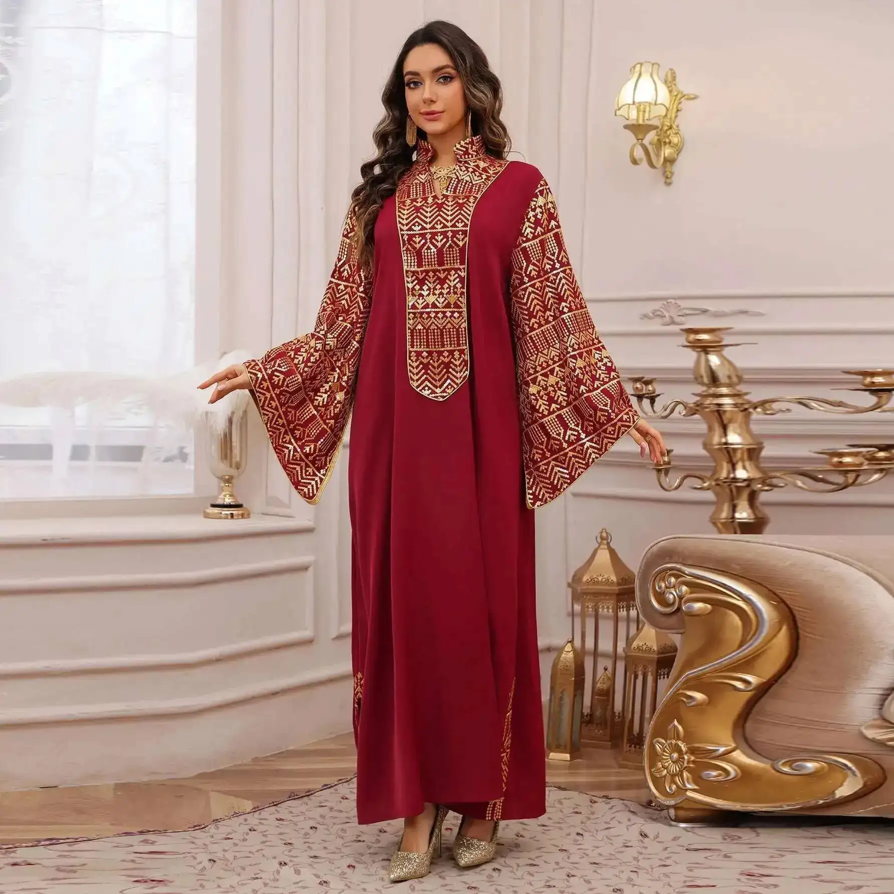 

Women's Ab474 Muslim Plus Size Abaya Dubai Sequin Embroidery Long Sleeve Robe Abaya Ramadan Dubai Luxury Islam Elegant