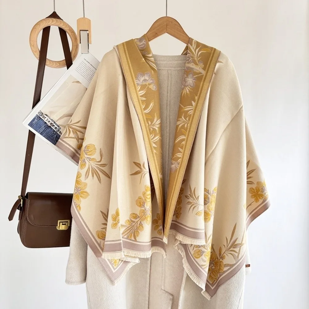 

Элегантный роскошный шарф из искусственного кашемира, теплое одеяло из пашмины с цветочным принтом, толстые шарфы-пончо в этническом стиле для женщин