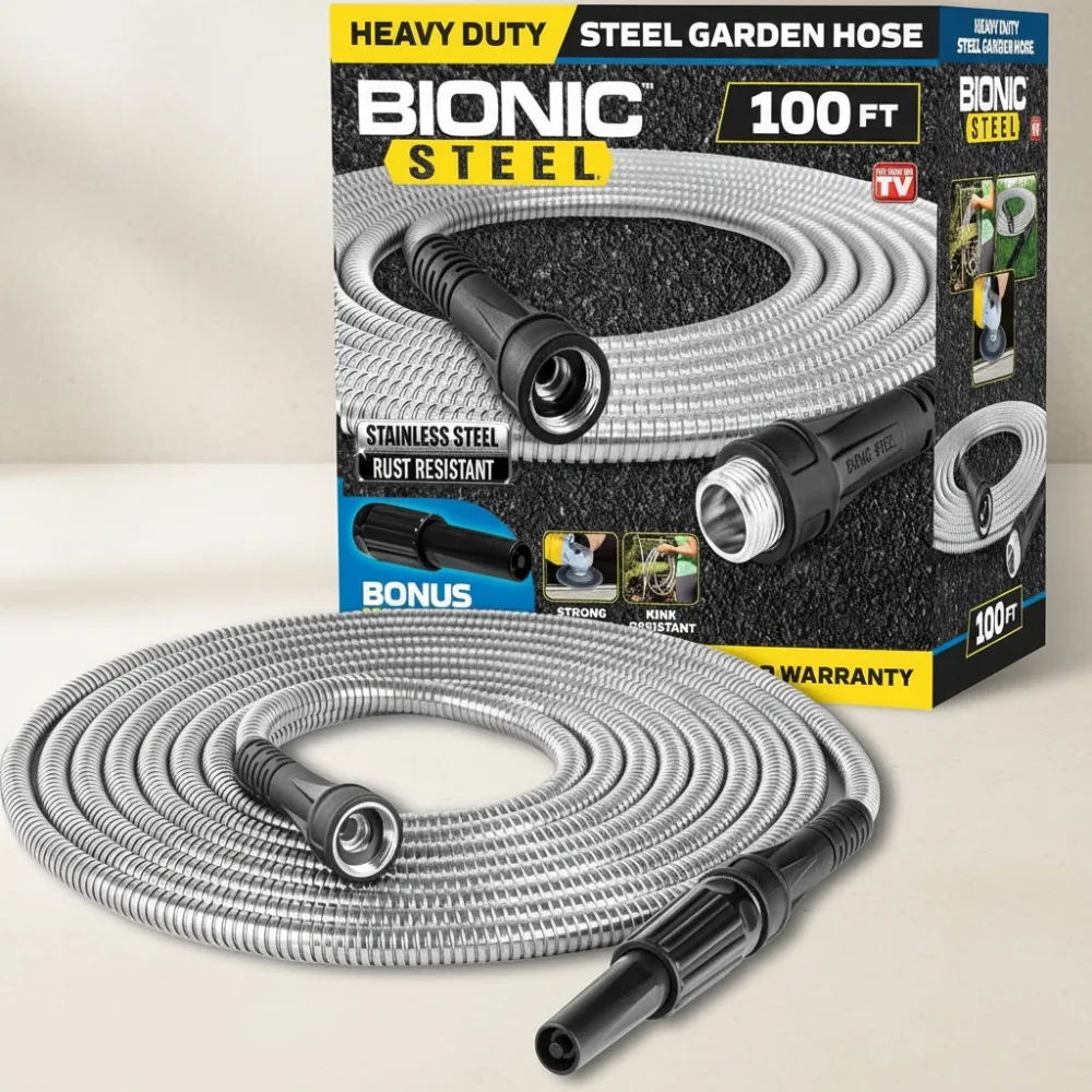 

100 Ft Stainless Steel Garden Hose with Nozzle - Flexible, Kink-Free, Heavy Duty for Uninterrupted Water Flow