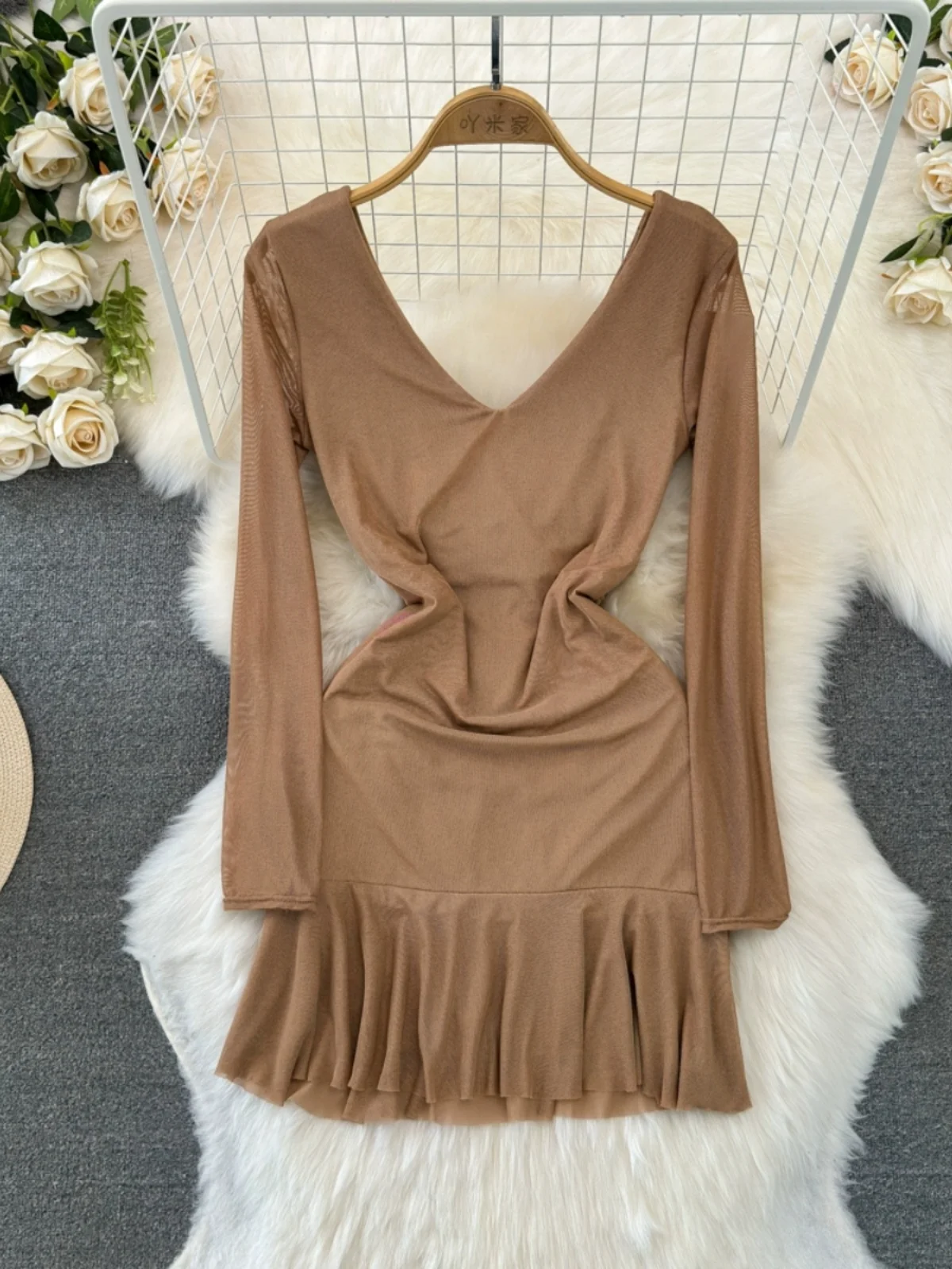 Sexy V-Ne Low-Bust Bal A-Line Skirt Dr Women's Faionable Midi Length Lace Trim Pleated Slimming Me Overlay Dr