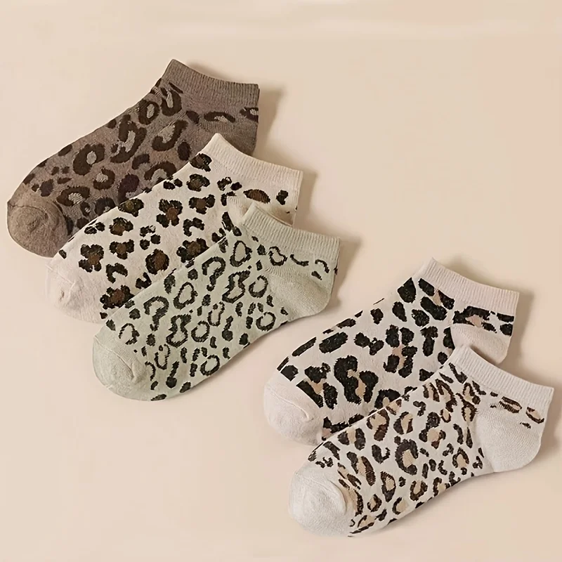 10/5 Pairs of Random Styles of Women's Leopard Print Short Socks, Cute Low-Cut Socks, Soft and Breathable Casual Socks, Fashionable Animal Print Invisible Socks, for Daily Wear, Available in Multiple Colors