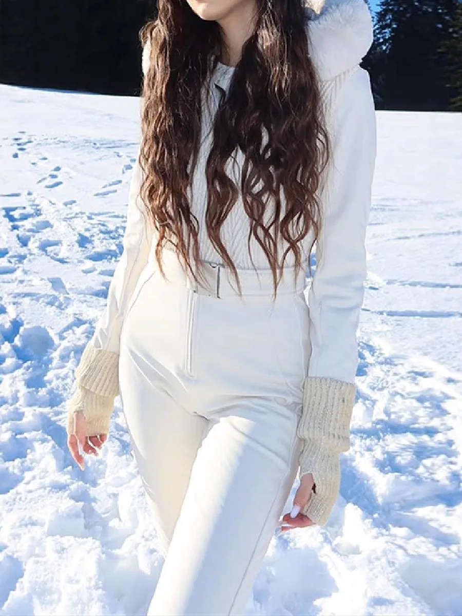 

Women's Chic White Hooded Ski Jumpsuit with Waist Belt Warm Snowproof One-Piece Snow Wear Winter Sports Fashion Lady Snowsuit