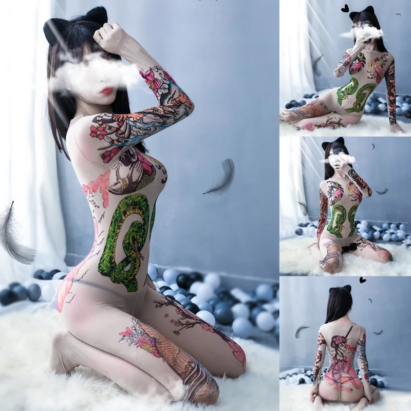 

Women Erotic Long Sleeve Semi-Sheer Bodystockings Sexy Full Tattoo Coverage Bodysuit Catsuit Open Crotch Tights Lingerie