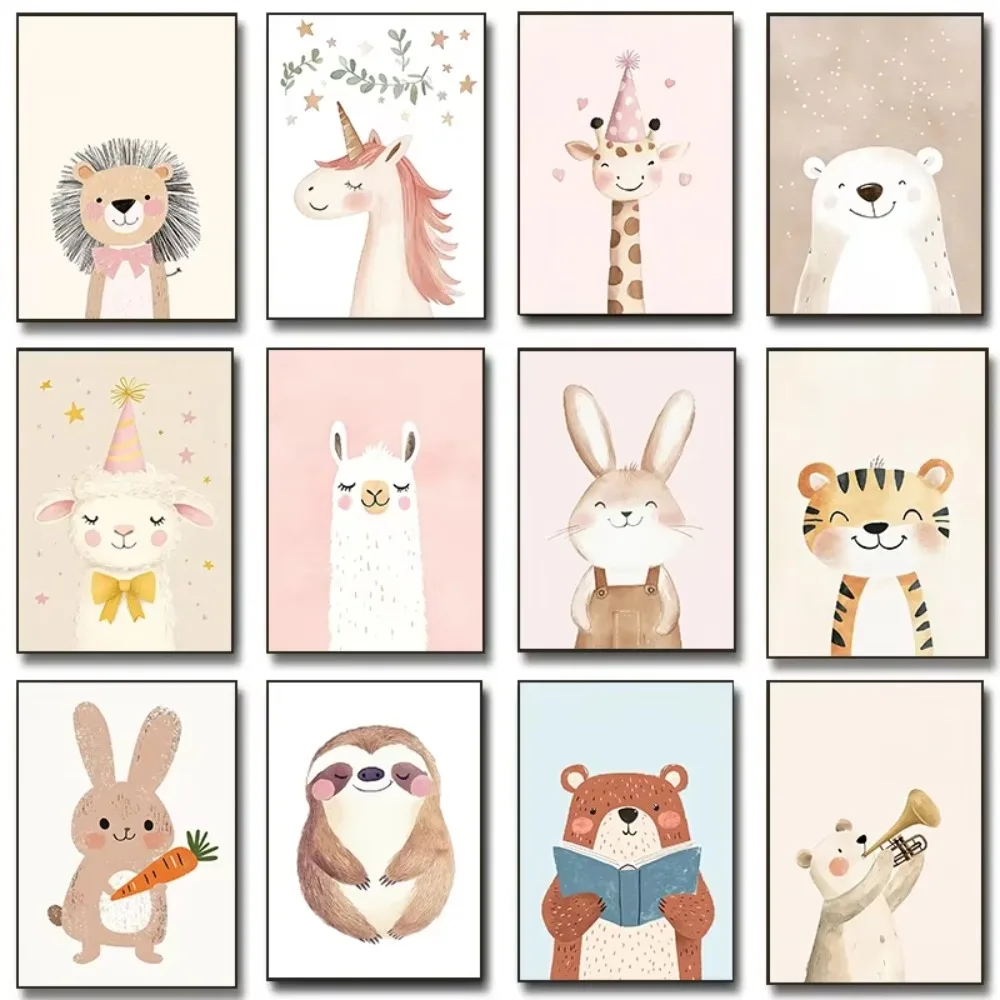 Smiling Animals Watercolor Posters Cute Tiger Giraffe Birthday Party Prints Canvas Painting Wall Pictures Home Room Decoration