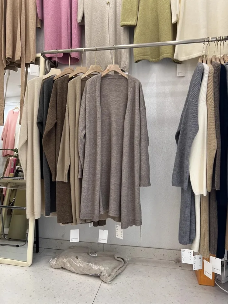 Camisola de malha de comprimento médio feminino casaco macio aconchegante na moda solta malha aberta cardigan primavera outono nova chegada sentimento premium