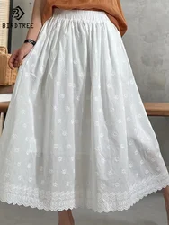 New Spring Cotton Retro Skirt Women A-Line Embroidery Lace Loose Skirt Girl Sweet Fashion Skirt 2024 Summer B43983QM