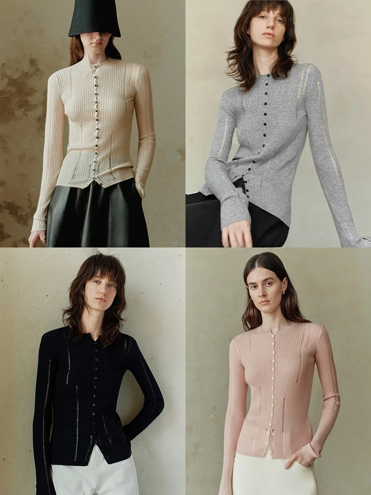 

COOBLOOM Slim Fit Long Sve Knitted Sweater Hole Design Single Button Inner Wear Base irt High End Sensation Commute Sle