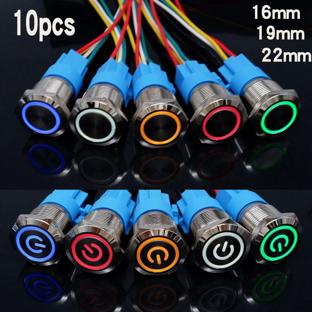 10 srebrnych metalowych przełączników z płaską główką i przewodami 16/19/22mm wodoodporne oświetlenie natychmiastowe 12V 24V 220V diody LED czerwone