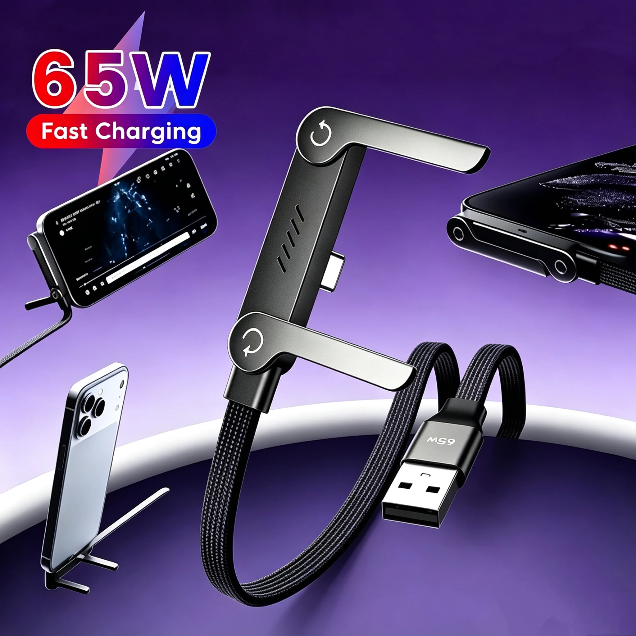 65W 2 in 1 USB A to USB C Fast Charging Foldable Phone Holder Data Cable For iPhone 15 16 17 Samsung Huawei Desktop Bracket Wire