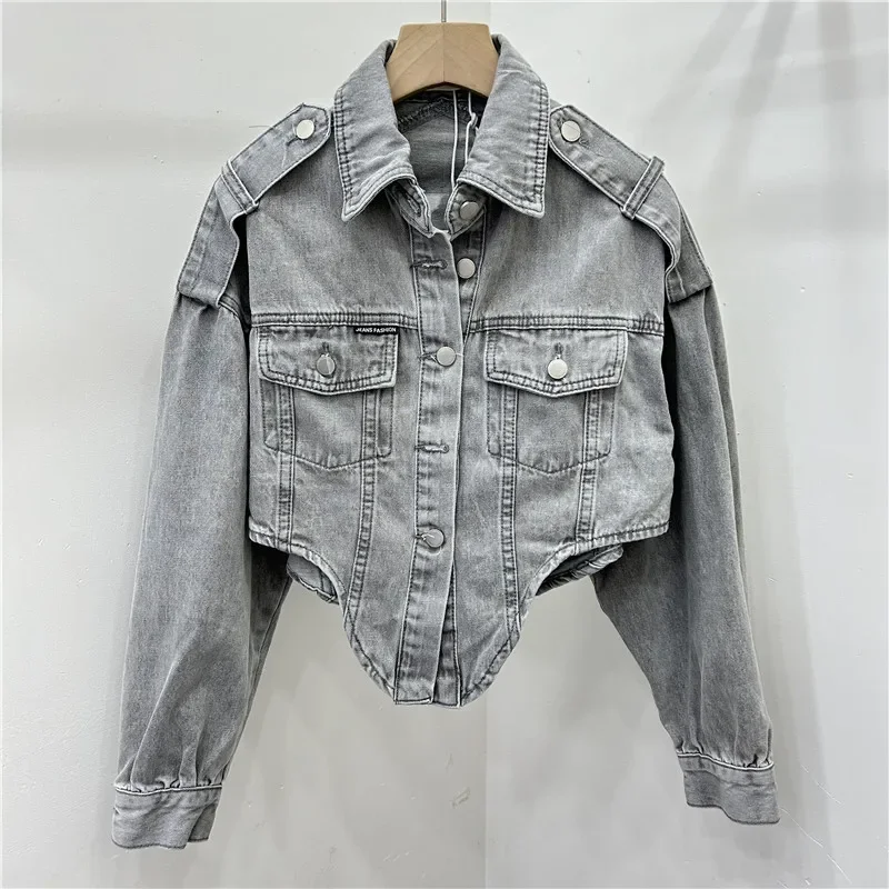 Frühling Herbst Unregelmäßigen Saum Dünne Kurze Denim Jacke Grau Blau Revers Einreiher Langarm Weibliche Jeans Jacke Grundlegende mantel