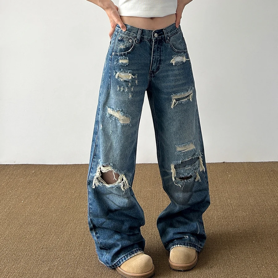 Men Streetwear Hip Hop Loose Casual Broken Holes Washed Denim Ripped Jeans Pants Women Straight Vibe Baggy Jeans Pant Trousers