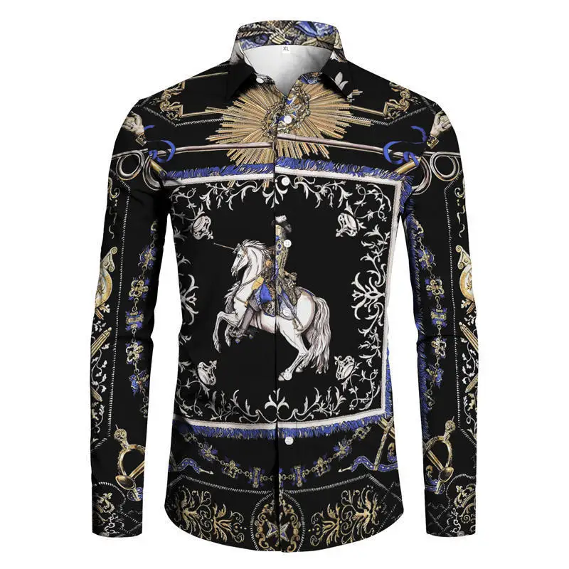 Luxury Golden Flower Chain 3D Printed Hawaiian Shirts Men Fashion Long Sleeve Streetwear Oversized Lapel Button Hawaii Shirt
