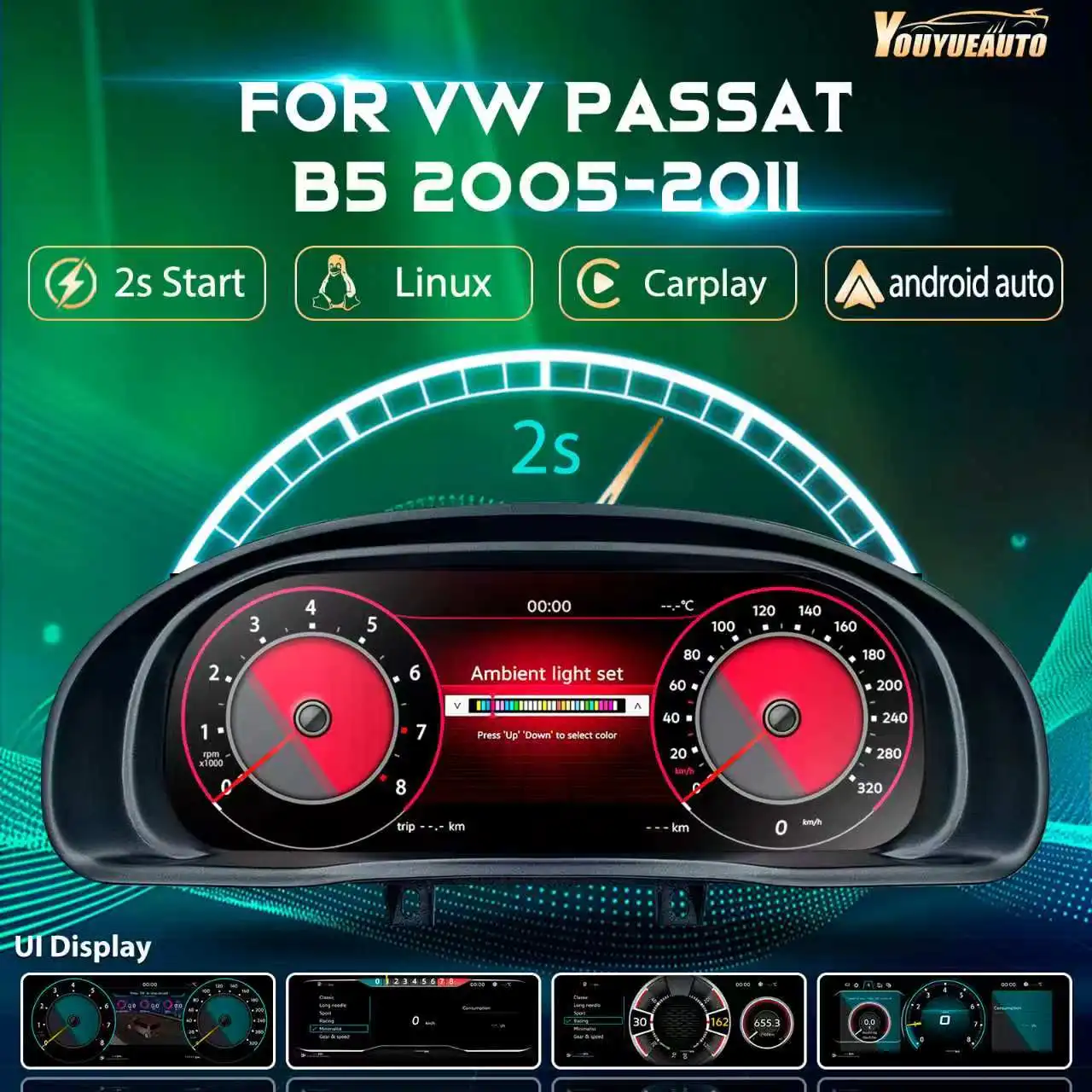 12,3'' LCD-Digital-Kombiinstrument für Volkswagen B5 Baujahr 2005-2011, Armaturenbrett, Cockpit, Tachometer mit Navigation