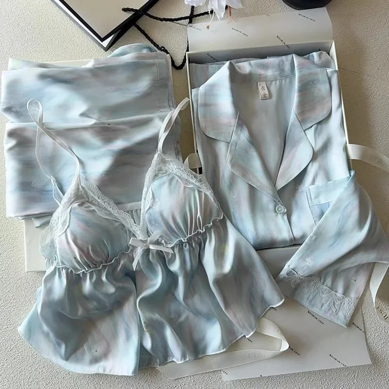 

2025 сексуальная домашняя одежда с кружевной отделкой, женская домашняя одежда, домашняя одежда, осень-весна, новая рубашка на бретельках, брюки, 4 шт., одежда для сна из ледяного шелка