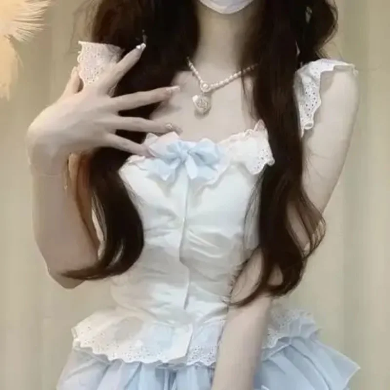 

Japan Lolita Kawaii 2 Piece Set Women Lace Sweet Party Cake Skirt Suit Female Bow Elegant Hight Waist Skirts Summer