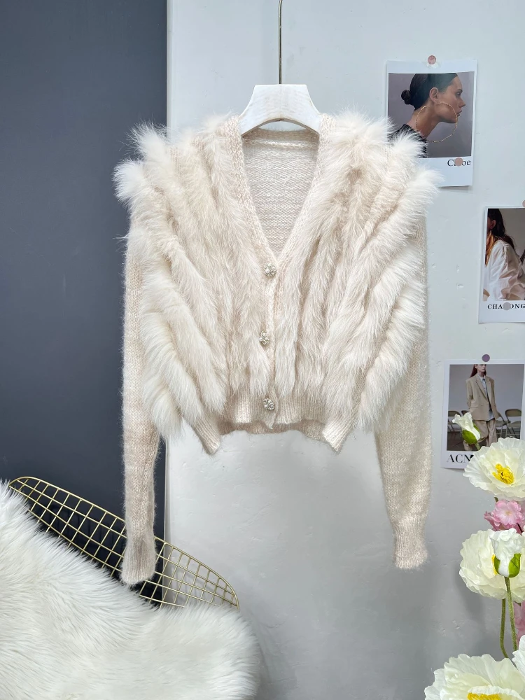 Winter Jacket Women Natural Real Fox Fur Natural Thick Warm Navy Collar Fur Strip Sewed Toghter Sweater New Fashion