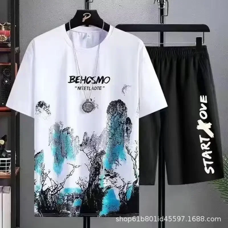 Tshirt Casual Ice Silk Gradient Short Men Sleeve T-shirt Shorts Set Men\'s Summer Sporty Two-piece Outfit Stylish Male Clothing