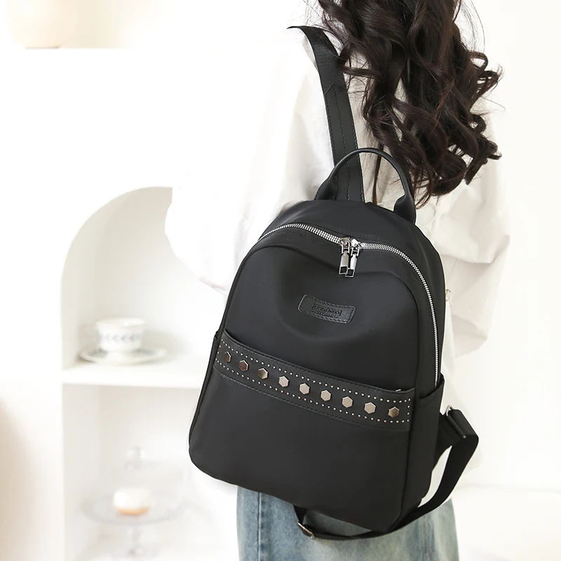 Fashion Designer Travel Bag for Women’s Luxury Rivet Decoration Ladies Nylon Shoulder Bags Female Retro Color Blocking Backpack