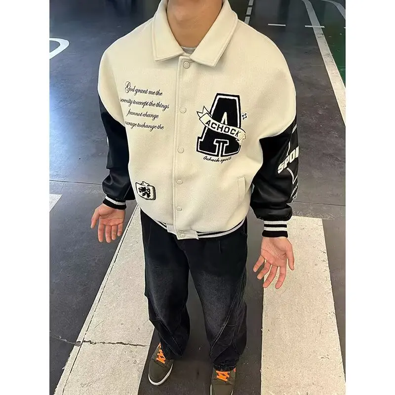Loose Fit American Style Baseball Jacket for Men Embroidered Patchwork Oversize Collarless Top Polyester Fiber Regular Thickness