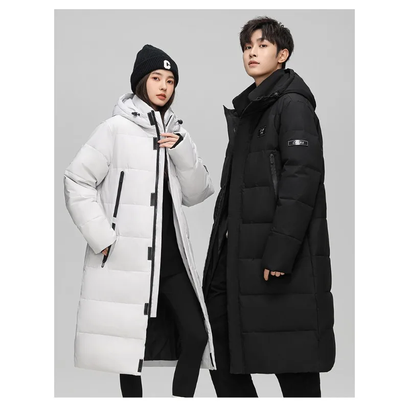 

Fashionable White Duck Down Jackets Suitable Both Men Women in Winter Long Knee-length Cotton-padded Jackets with Thick Hooded