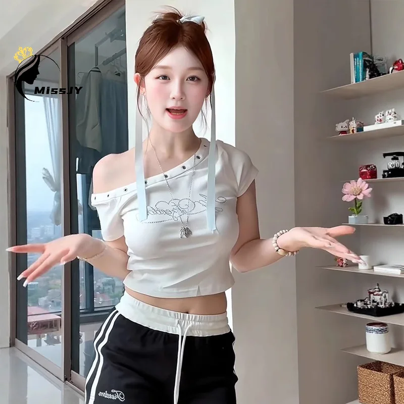 Hot Girl Sexy strass épaules dénudées à manches courtes mince T-shirt été femmes haut court