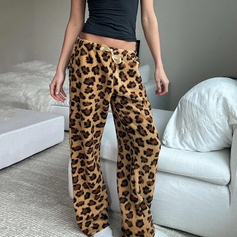 American street style plush leopard print color contrast lace-up casual pants new low waist bow straight pants